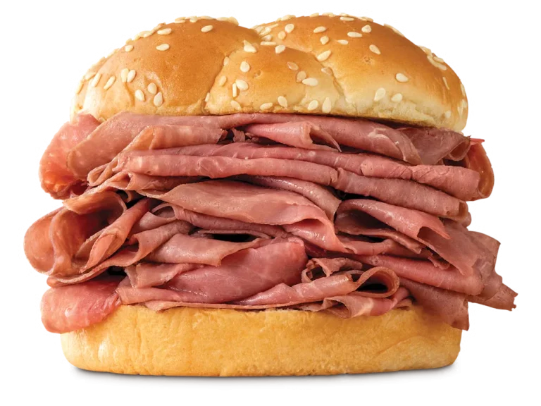 Arby’s Double Roast Beef sandwich with extra thinly sliced roast beef on a sesame seed bun