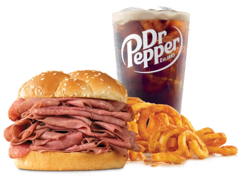 Arby’s Double Roast Beef Meal with curly fries and a drink