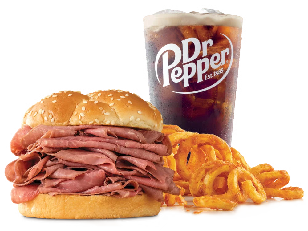 Arby’s Double Roast Beef Meal with curly fries and a drink