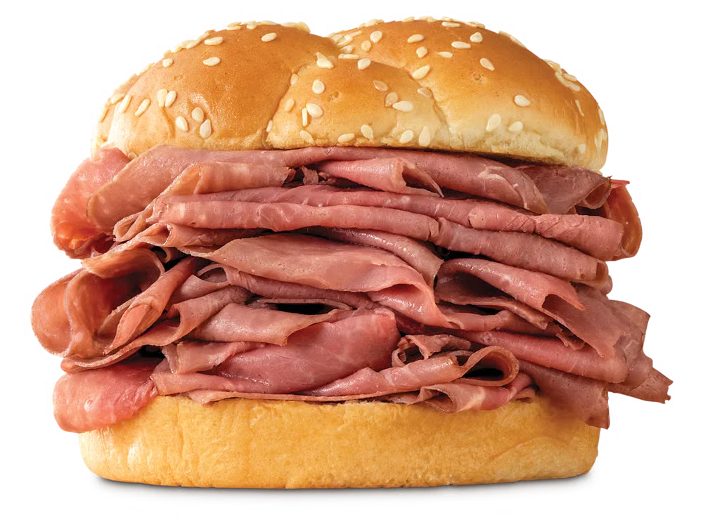Arby’s Double Roast Beef sandwich with extra thinly sliced roast beef on a sesame seed bun