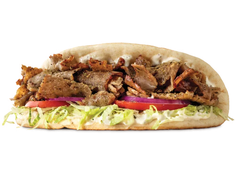 Arby’s Greek Gyro with sliced gyro meat, tzatziki sauce, lettuce, tomato, onion, and pita bread