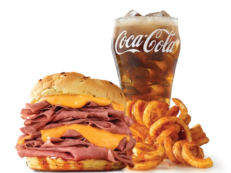 Arby’s Half Pound Beef 'n Cheddar Meal with curly fries and a drink