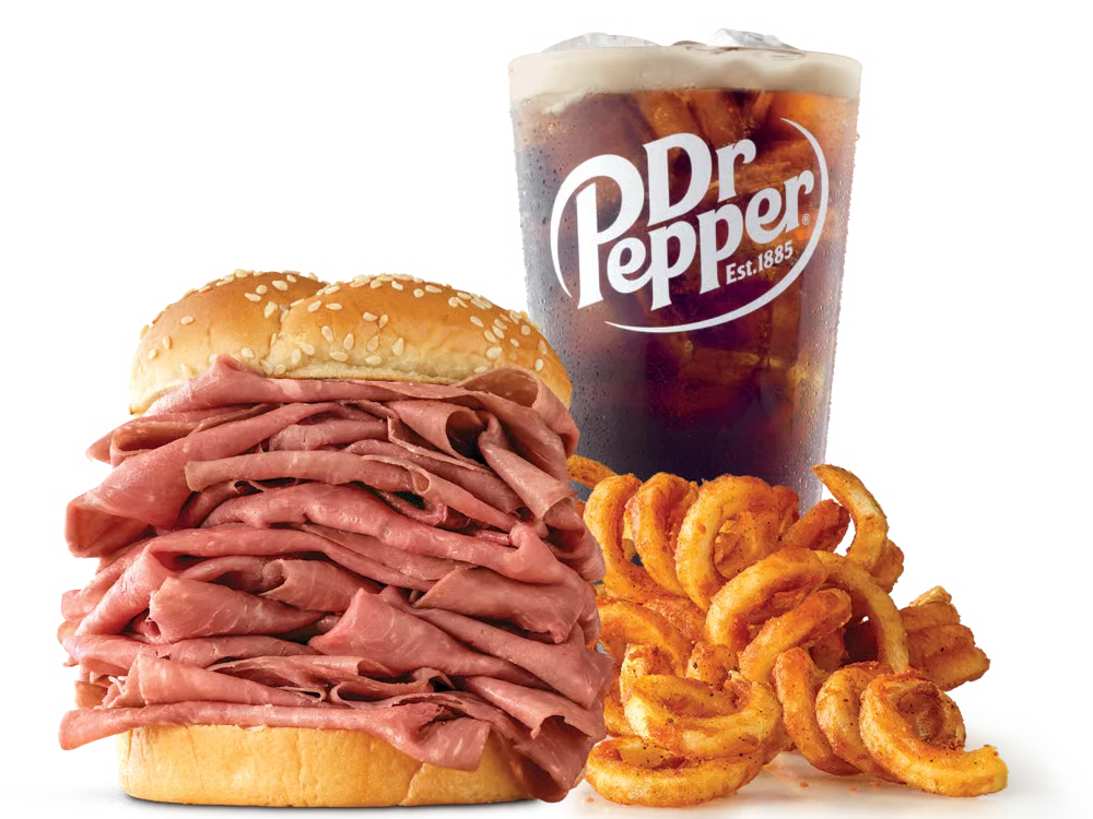 Arby’s Half Pound Roast Beef Meal with curly fries and a drink