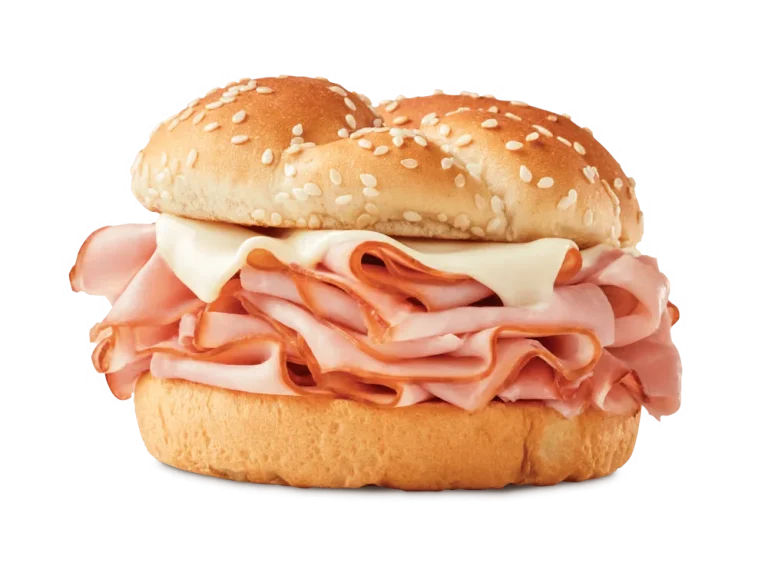 Arby’s Ham & Swiss Melt sandwich with thin-sliced ham and melted Swiss cheese on a toasted bun