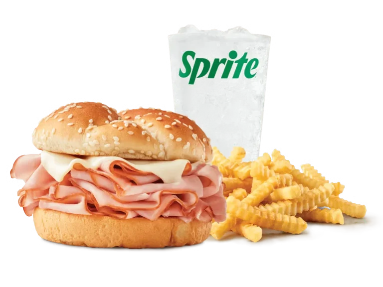 Arby’s Ham & Swiss Melt Meal with curly fries and a drink