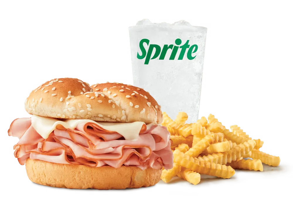 Arby’s Ham & Swiss Melt Meal with curly fries and a drink