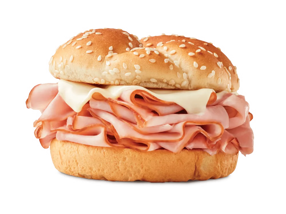 Arby’s Ham & Swiss Melt sandwich with thin-sliced ham and melted Swiss cheese on a toasted bun