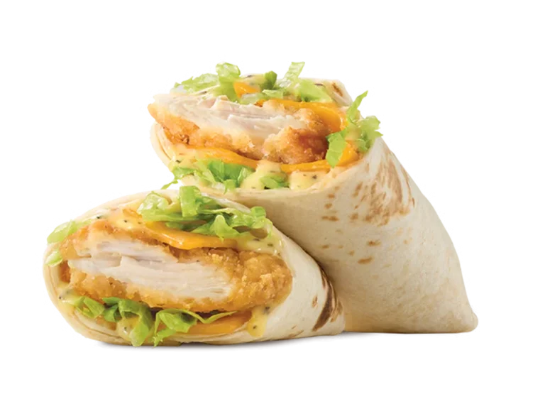 Arby’s Honey Mustard Chicken Wrap with crispy chicken, lettuce, cheese, and honey mustard sauce in a soft tortilla