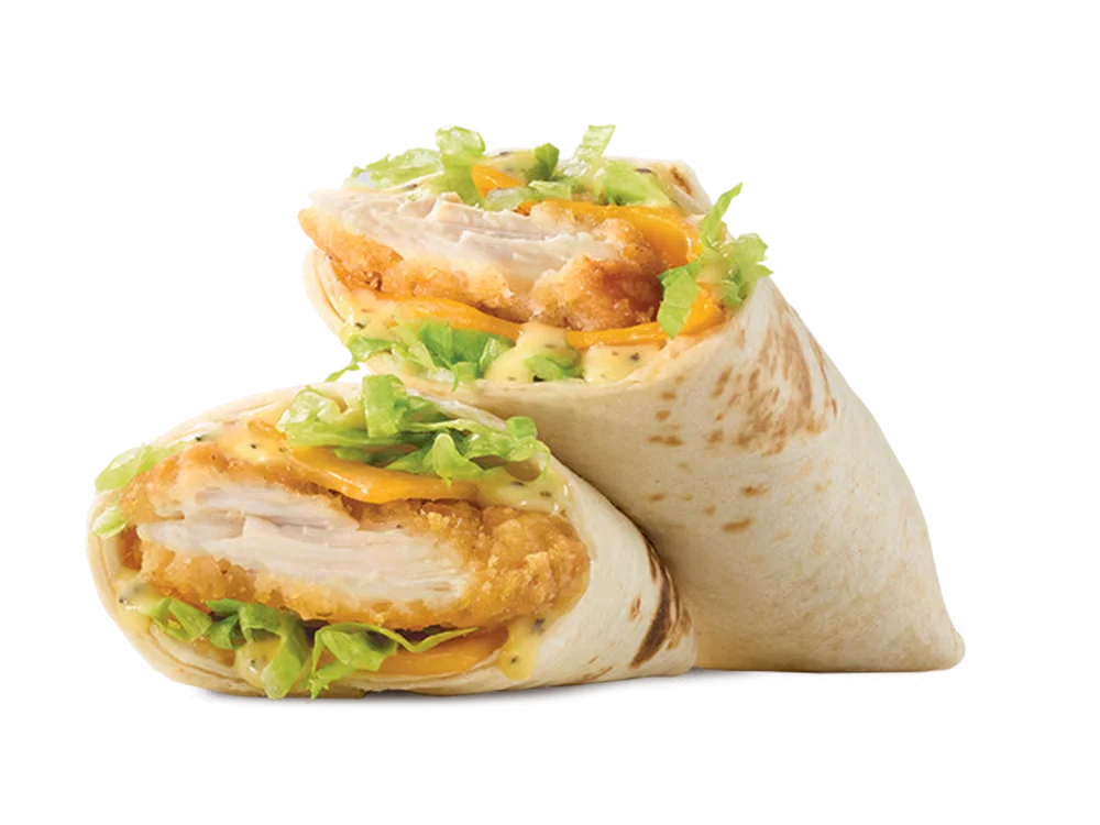 Arby’s Honey Mustard Chicken Wrap with crispy chicken, lettuce, cheese, and honey mustard sauce in a soft tortilla