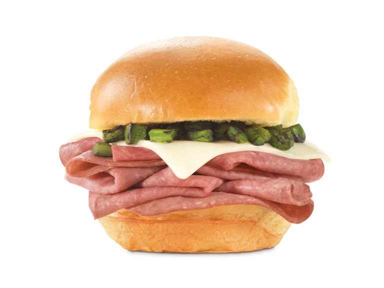 Arby’s Jalapeño Roast Beef Slider with roast beef, melted cheese, and jalapeños on a slider bun