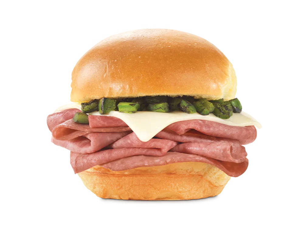 Arby’s Jalapeño Roast Beef Slider with roast beef, melted cheese, and jalapeños on a slider bun