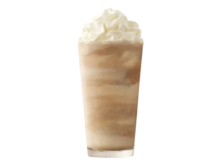 Arby’s Jamocha Shake in a clear cup topped with whipped cream