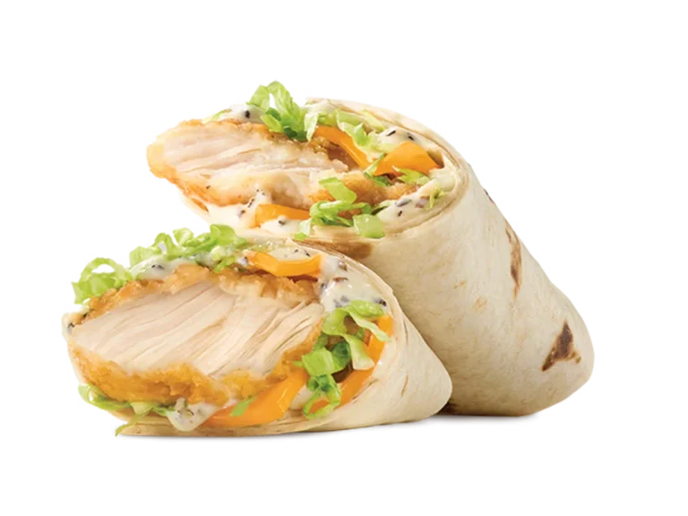 Arby’s Ranch Chicken Wrap filled with crispy chicken, lettuce, cheese, and ranch in a soft tortilla