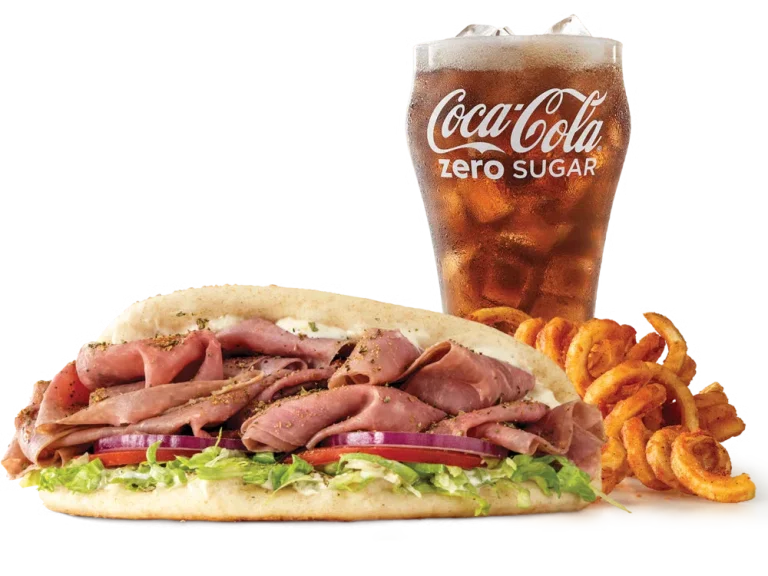 Arby’s Roast Beef Gyro Meal with curly fries and a drink