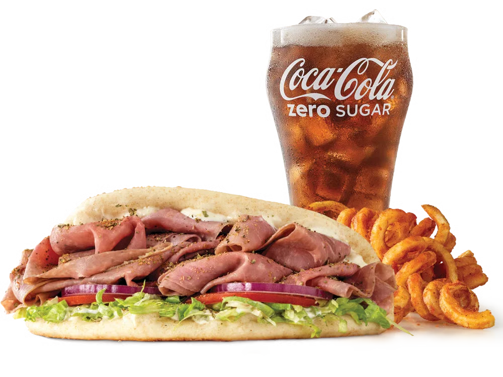 Arby’s Roast Beef Gyro Meal with curly fries and a drink