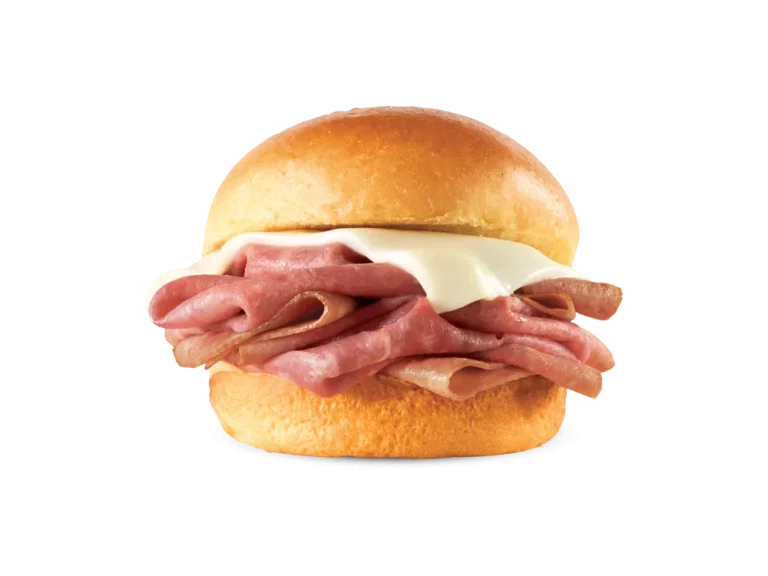 Arby’s Roast Beef Slider with thin-sliced roast beef and melted cheese on a soft slider bun