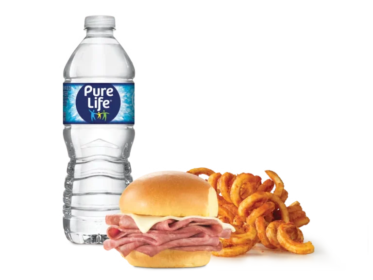 Arby’s Roast Beef Slider Kids Meal with slider sandwich, fries or applesauce, and a kids drink