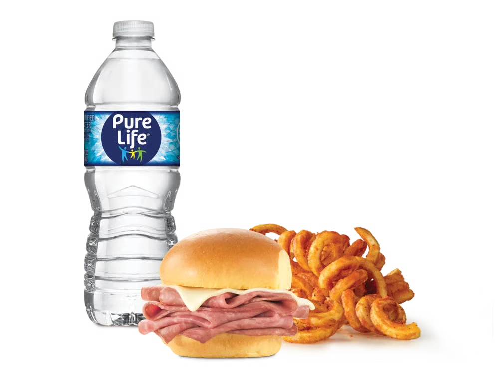 Arby’s Roast Beef Slider Kids Meal with slider sandwich, fries or applesauce, and a kids drink