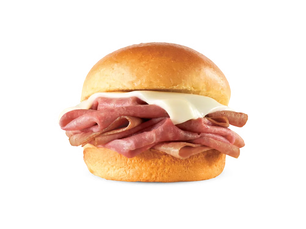 Arby’s Roast Beef Slider with thin-sliced roast beef and melted cheese on a soft slider bun