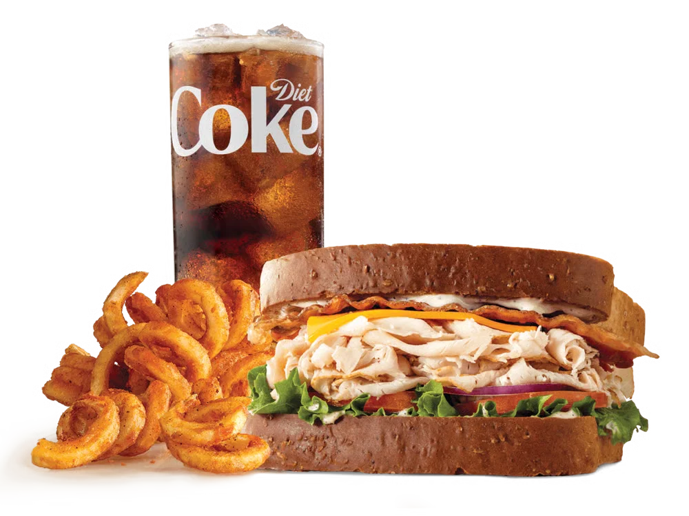 Arby’s Roast Turkey Ranch & Bacon Sandwich Meal with curly fries and a drink
