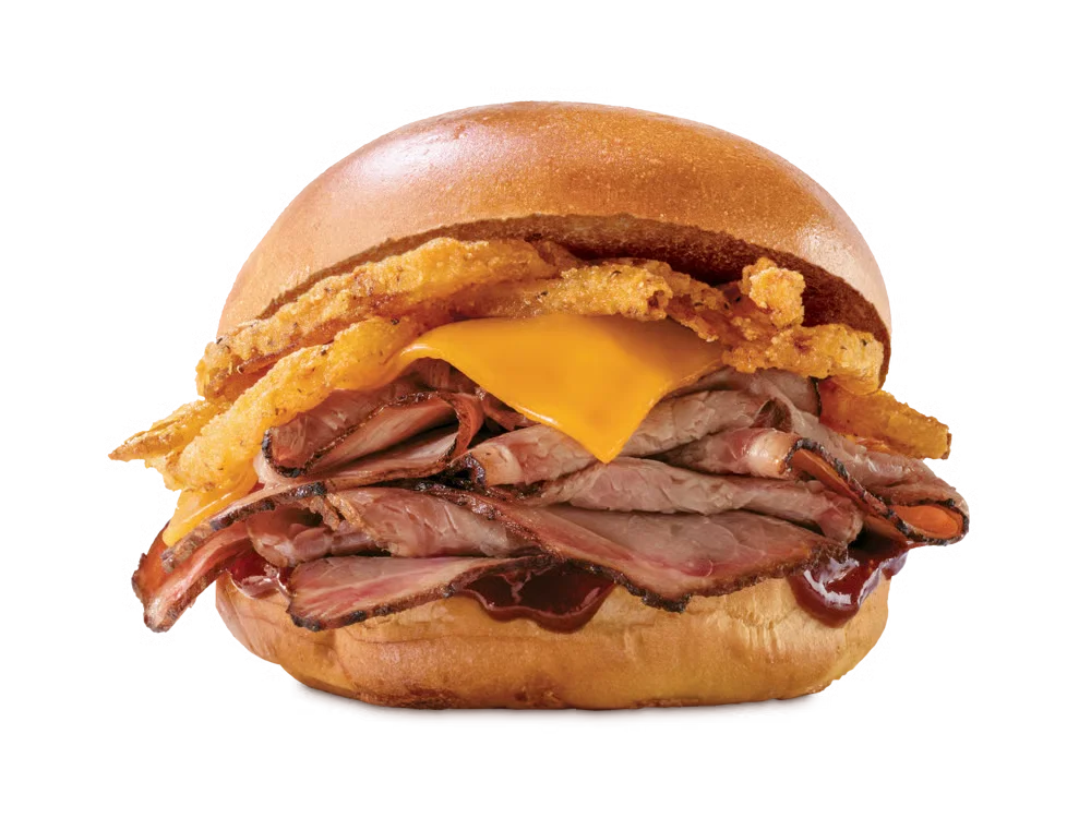 Arby’s Smokehouse Brisket sandwich with smoked brisket, crispy onions, melted cheese, BBQ sauce, and mayo on a bun