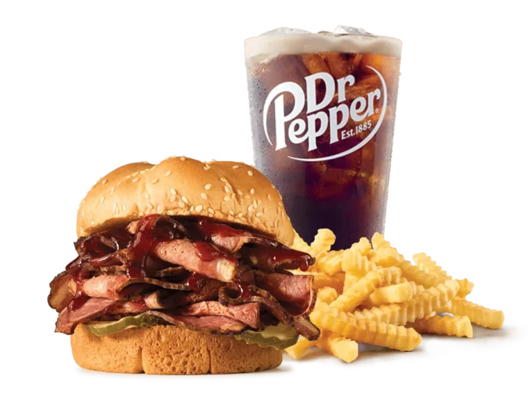Arby’s Sweet Quarter Pound Brisket Sandwich Meal with curly fries and drink