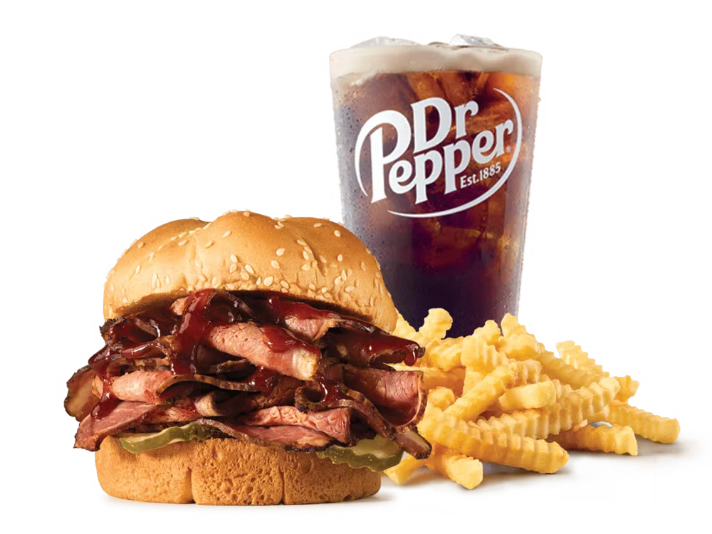 Arby’s Sweet Quarter Pound Brisket Sandwich Meal with curly fries and drink
